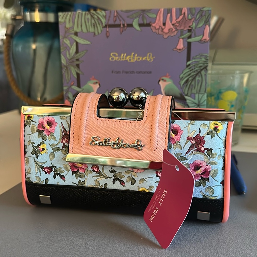 Sally Young Blue Pink Floral Kisslock Wallet NWT